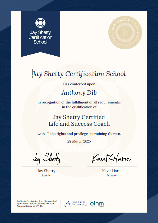 Jay Shetty Certification School — life and Success Coach Certificate for Anthony Dib